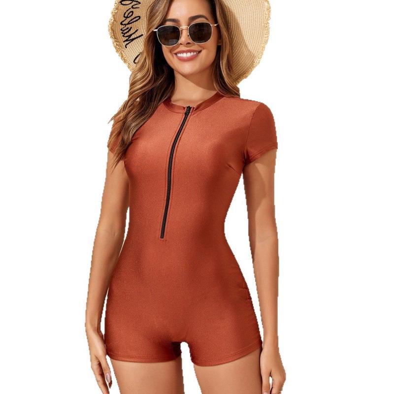 2026 European & American Women's Solid Color Zipper One-Piece Short Sleeve Swimsuit
