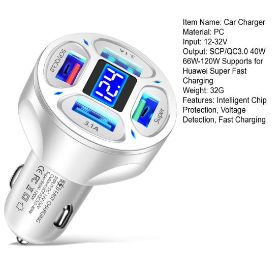 66W Car Charger Adapter 4 Ports USB Charger Intelligent Chip Protection Voltage