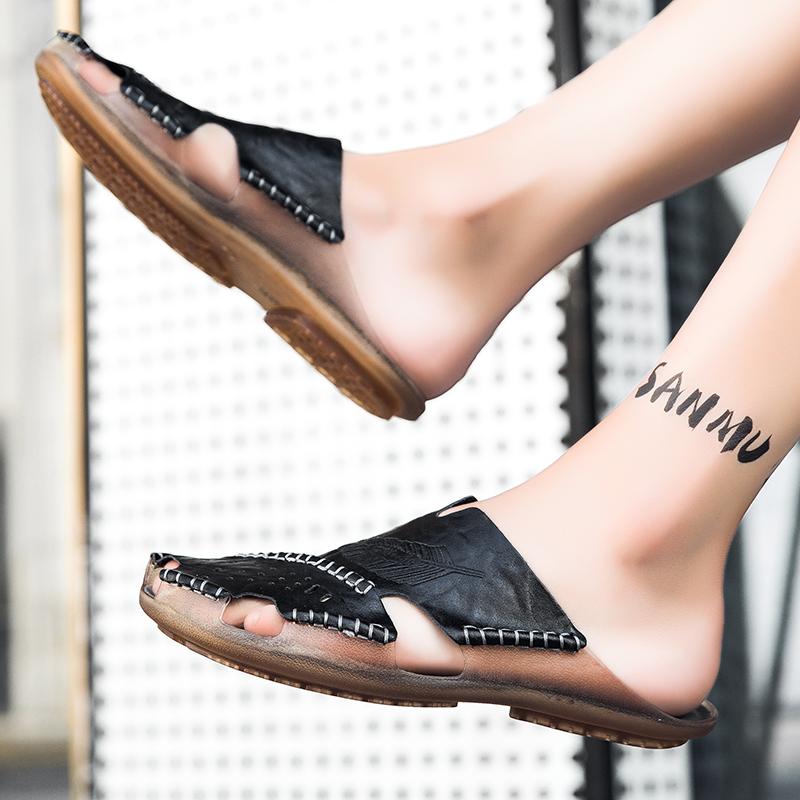 Fashion 2024 New Casual Men's Soft Slippers Comfortable Men Summer Leather Sandals Roman Summer Outdoor Beach Sandals Black