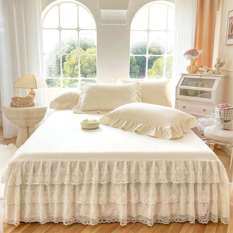 Dreilagiger Bettüberwurf aus Gazespitze, universelle Saisonbettwäsche, Tagesdecke, einfarbig, gerüschter Rand, staubdichte und rutschfeste Tagesdecke