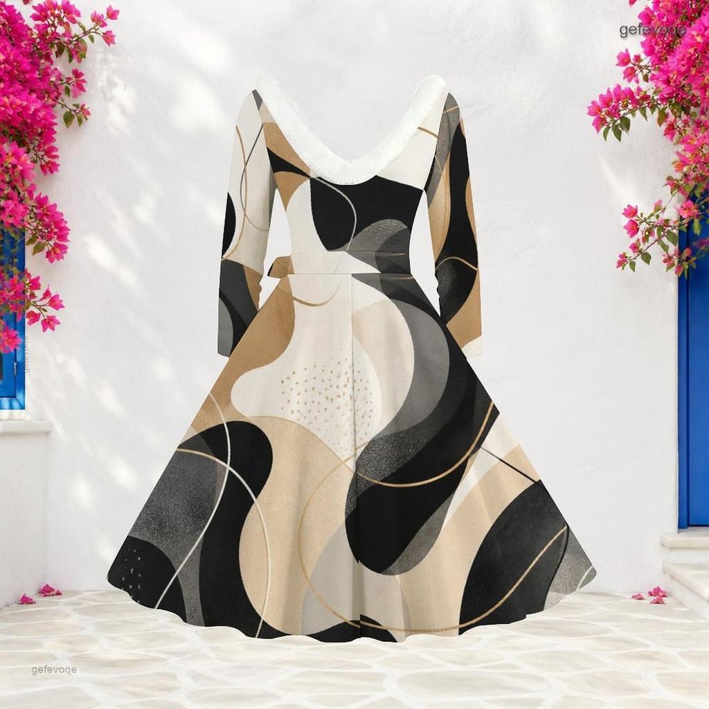 Women Plus Size V Neck Furry Trim Long Sleeve Belted Abstract Print A Line Midi Dress
