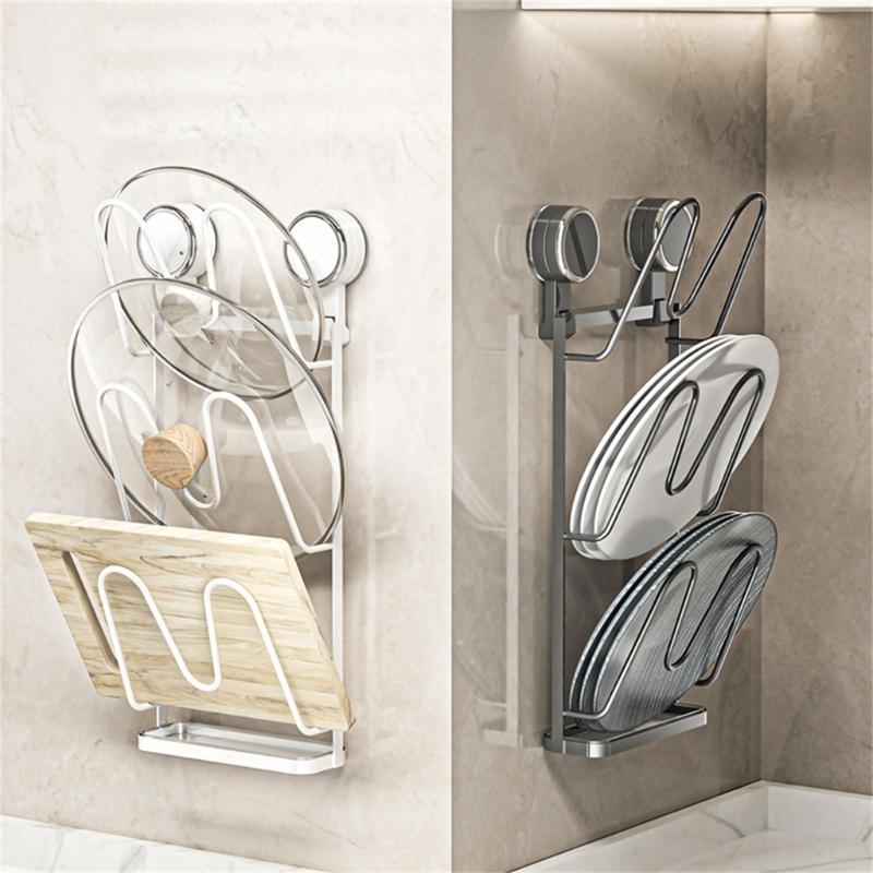 Easy Installation Suction Cup Cookware Lid Rack Wall Mounted Kitchen Storage Rack For Pots Pans Cutting Boards