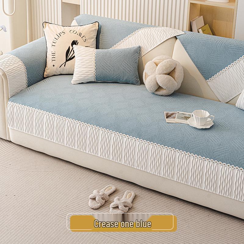 Four Seasons Chenille Luxury Sofa Cushion & Non-Slip Cover Set, Cream.