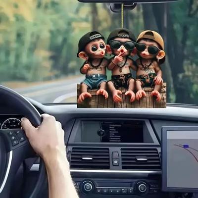 תליון אקרילי דו-ממדי קישוט תלייה עם שרוך קל לתלייה קוף מצויר