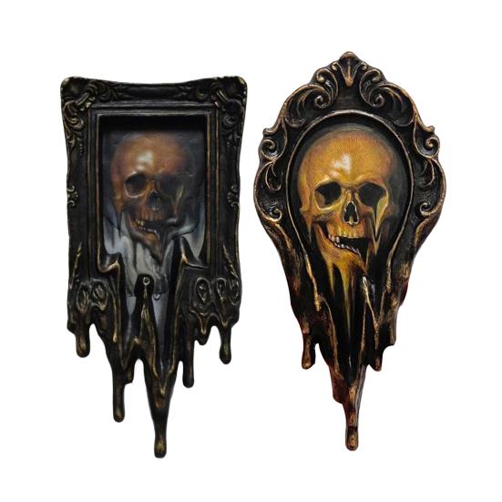 Skull Wall Art Handmade Liquid Surreal Skull Painting Gothic Framed Wall Decor for Halloween Office Living Room Decor