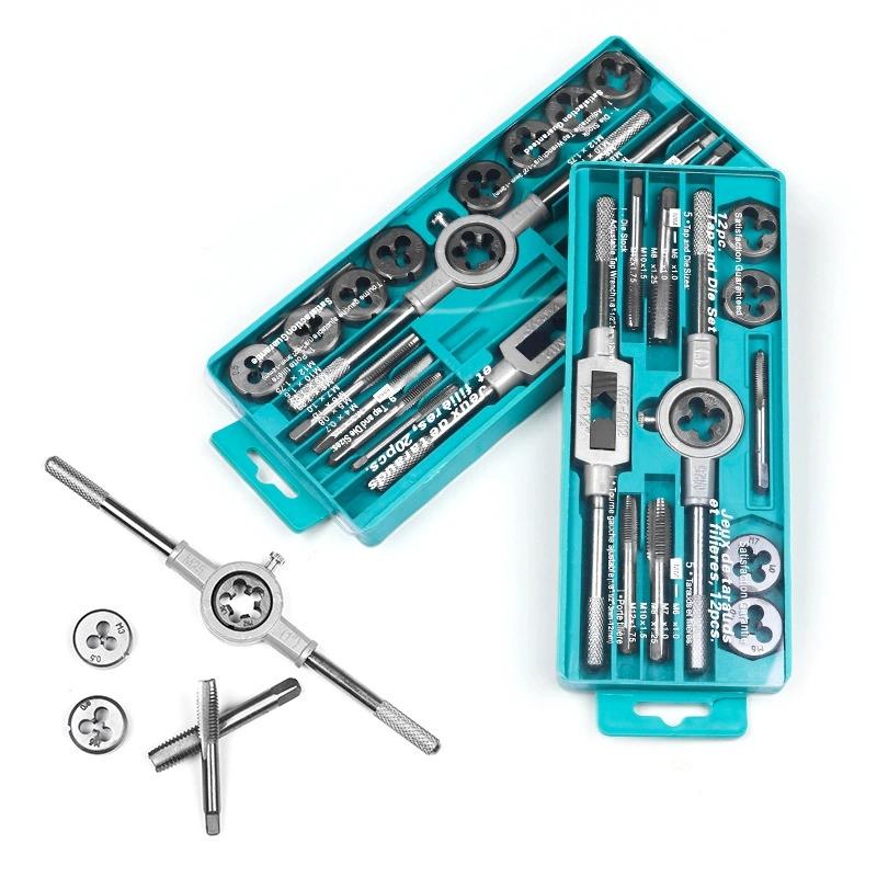 Set di Maschi e Filiere Manuali 12/20 Pezzi M3-M12 Conico Dritto Strumenti di Foratura Portatili per Compiti di Foratura su Acciaio Inossidabile