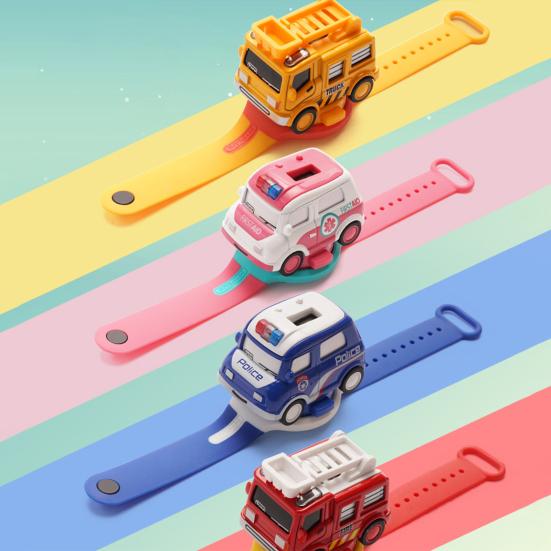 2-in-1 Mini Cartoon Car Analog Electronic Watch Ambulance City Truck Engineering Car Interactive Toy Lovely Children Mini Car Pull Back Toy