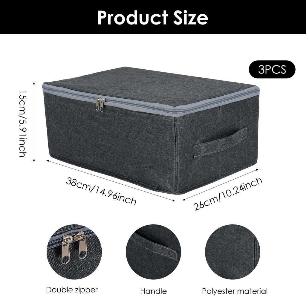 3Pcs Foldable Storage Box with Cover Clothes Storage Box with Zipper Multi Purpose Closet Organizer for Bedroom Living Room