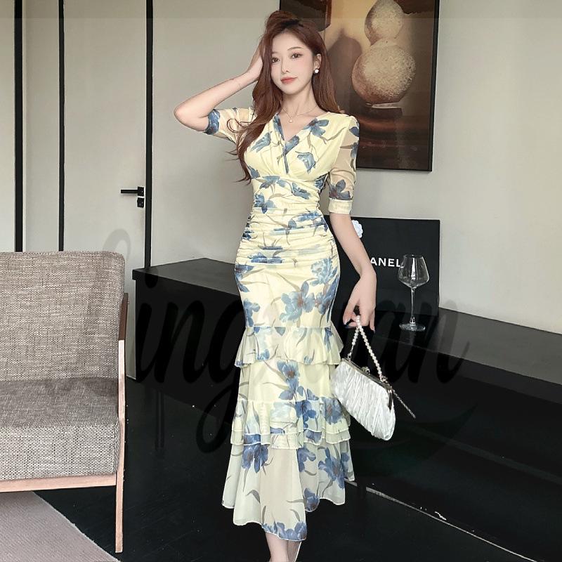 Elegant French Style V-Neck Printed Mesh Dress - Short Sleeves, High-Waisted, Slimming Pleated Long Design Medium жёлтый/синий