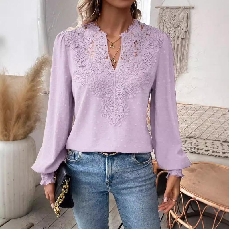 Mote Ny V-hals Blonder Patchwork Langermet Casual Skjorte Dame Topper Elegant Slim Fit Hul Løs Bluser Dame Vintage Street Hvite Skjorter 26625