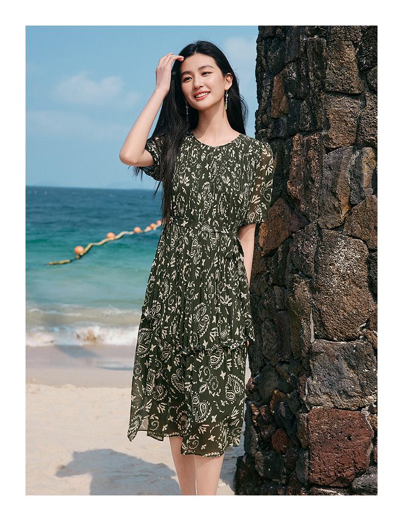 The Wizard of Oz Jiuzi Anna Kou Elegant Plant Printed Folded Chiffon Dress 2025 Summer New Style