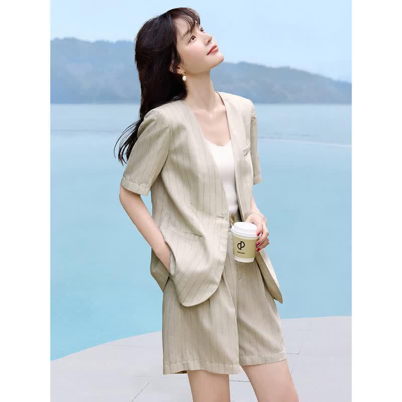 Women's Linen Stripe Short Sleeve Suit Set
