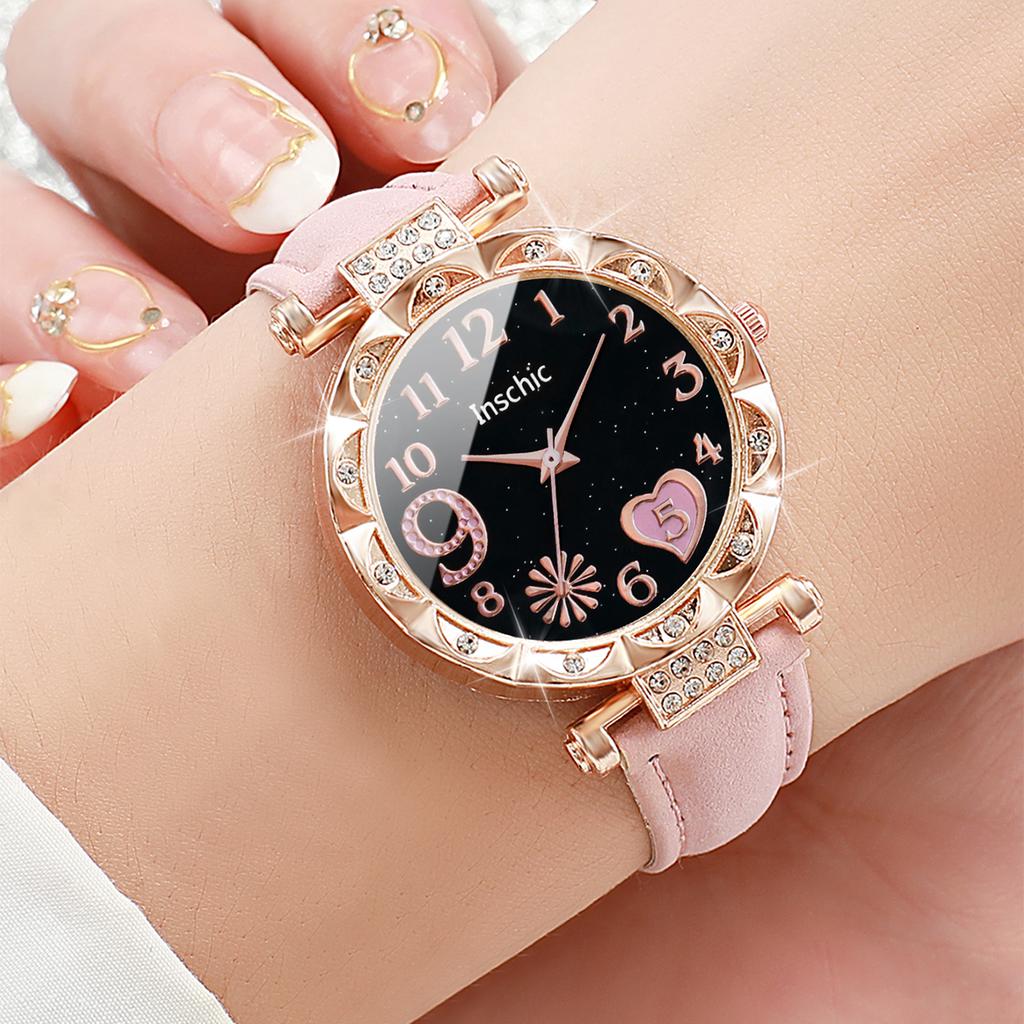 3pcs/set Women Ladies Fashion Leather Strap Heart-shaped Dial Quartz Watch Black White Pink Set