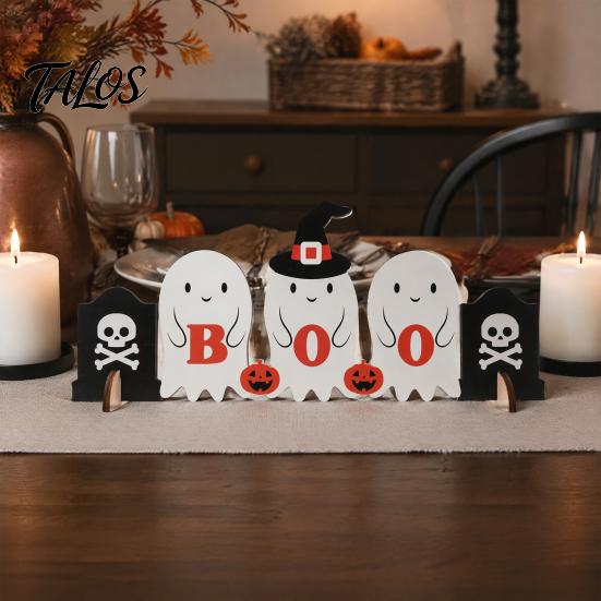 Halloween Table Decorations Cute Ghost Wooden Decor, BOO Pumpkin Witch Tabletop Ornament Spooky Season Signs for Desk Shelf, Soft Home Decoration,