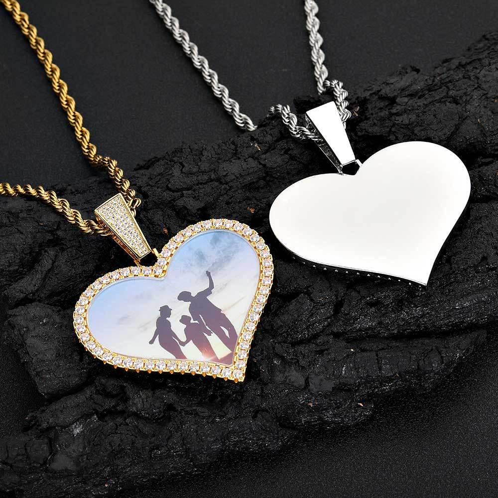 Personalized Men's Heart Pendant: European & American Hip Hop Necklace with Zircon-Embellished Photo Frame