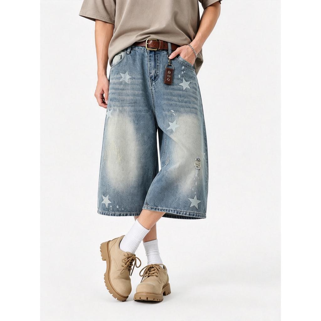 Summer Washed Printed Worn Tide Cropped Pants Loose Female Stars Old Casual Pants Denim Shorts Men Retro