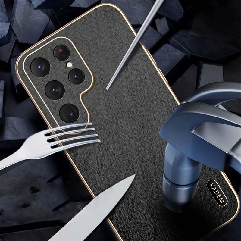 For Samsung S25 Ultra 5G Gold Silk Texture Leather Phone Case For Galaxy S24 FE S23 Ultra S22 Plus 6D Plating Bumper Back Cover