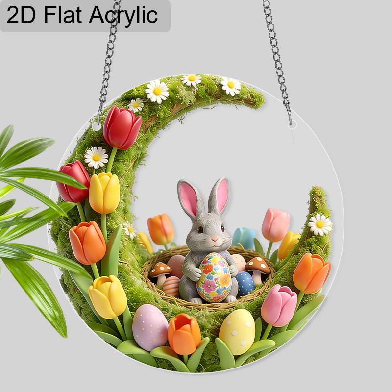 Акриловый пасхальный кролик с разноцветными яйцами и тюльпанами, Ловец солнца, Витражный эффект, Подвесное украшение на окно для любителей весны и Пасхи 20cm/7.87Inch