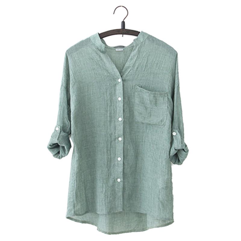 Women Autumn Tops Linen Button Down Loose Casual Career Shirt Long Sleeve Blouse