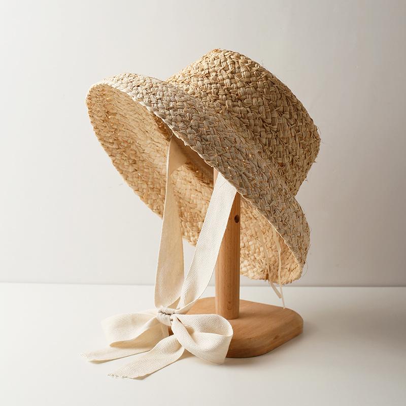 

Sun Hat for Big Girls Hand-knitted Raffia Retro Flat Top Sun Hats Girls Summer Travel Sunscreen Vacation Straw Hat with Lacing 50-54cm
