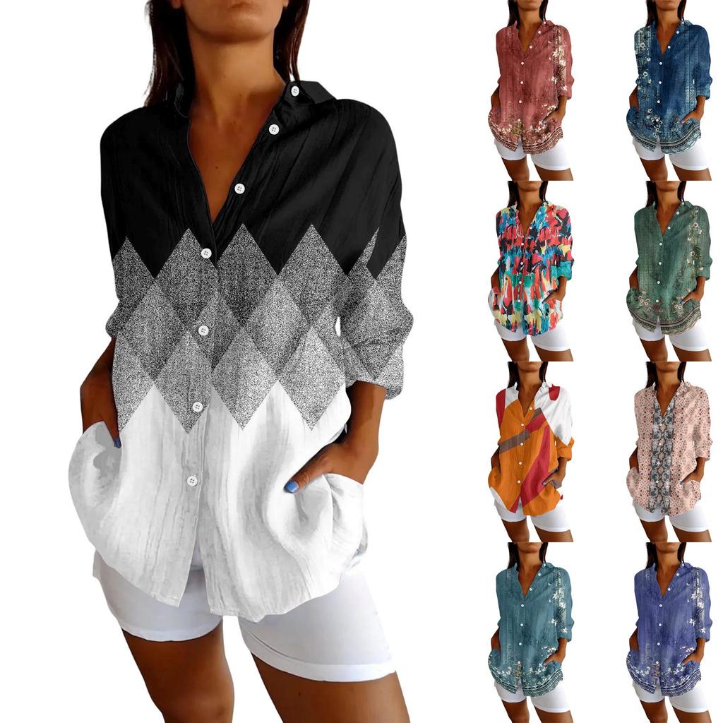 Womens Button Down Shirts Cotton Linen Long Sleeve Dress Shirts Casual Summer Tops Work Blouses