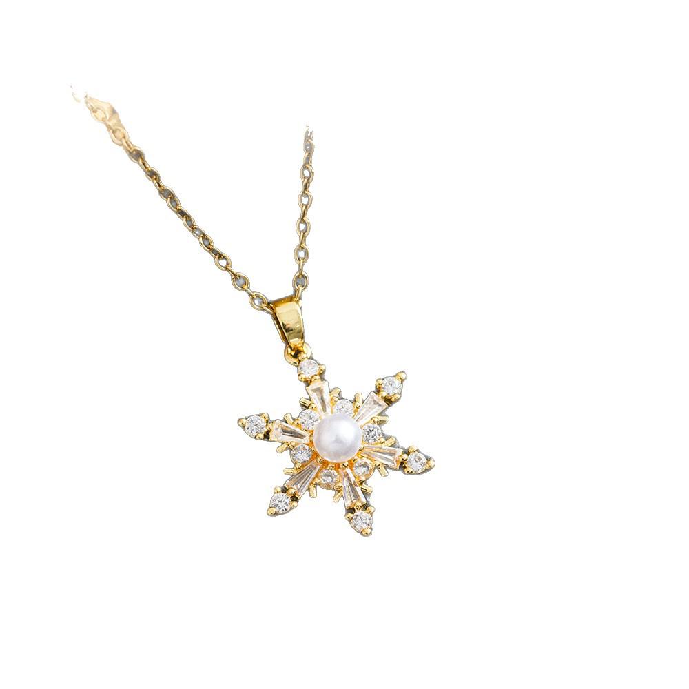 Cross-Border European & American Pearl Snowflake Titanium Steel Necklace: Women's Clavicle Chain with Niche Design