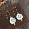 Vintage Oval Inlaid with Green Stones Earrings Ethnic Silver Color Metal Carving Pattern Dangle Earrings for Women Jewelry