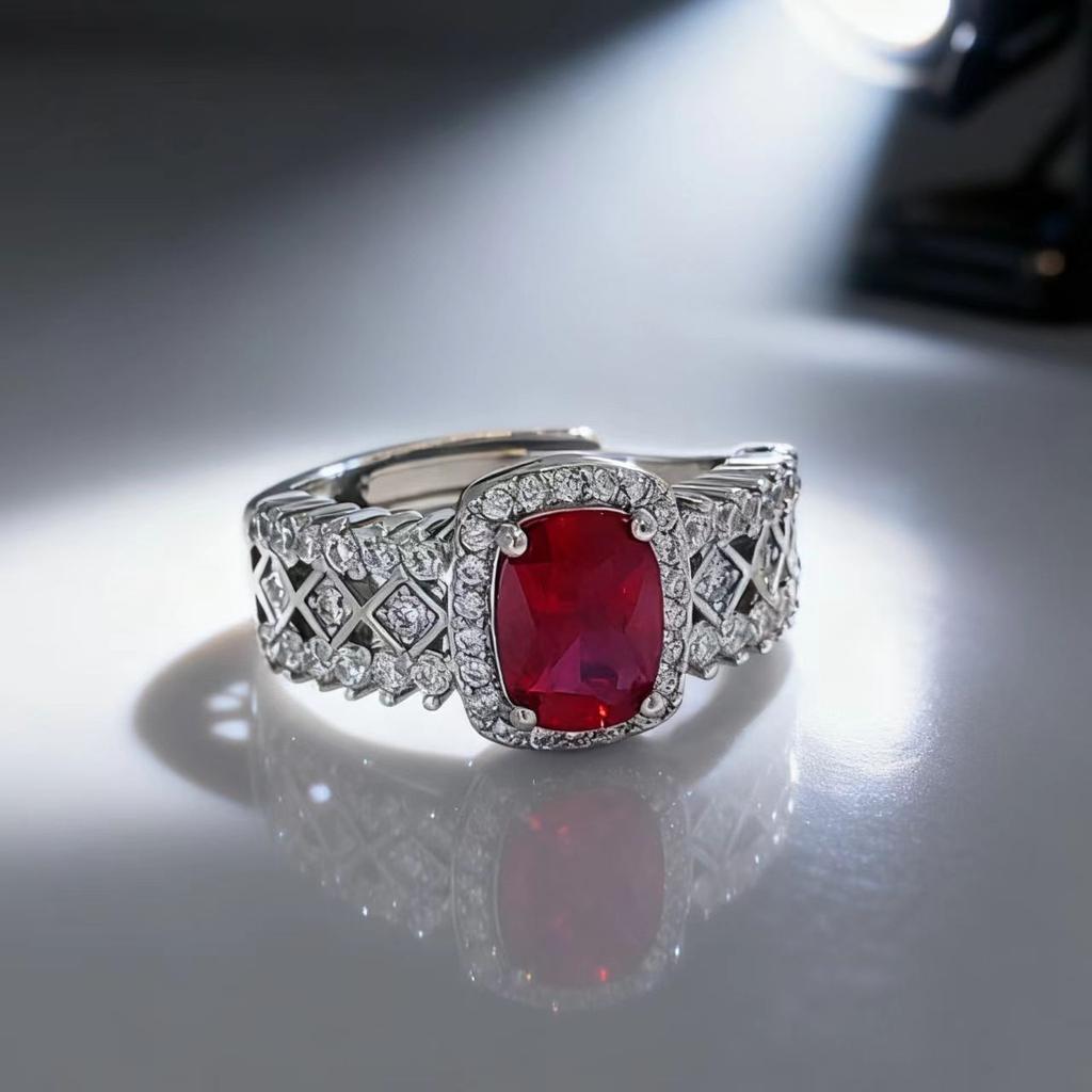 Advanced Sense Cultivation Ruby Ring Feminine Style Engraved Rhombus Sapphire Open Ring