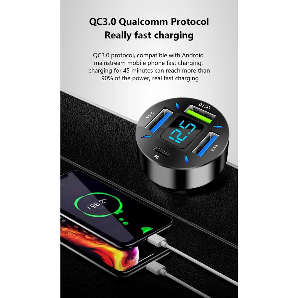 4-in-1 USB-Autoladeger Schnellladung 4,8A Adapter LED-Anzeige Telefon Tragbares Ladegerät für IPhone16 15 14 Xiaomi Samsung Huawei