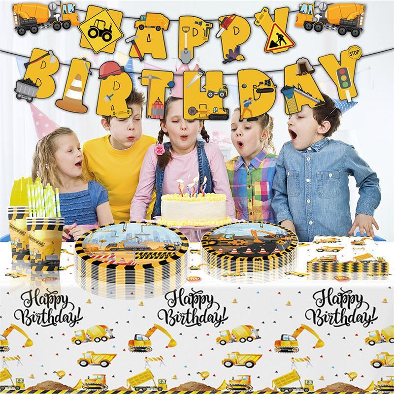 Disposable Paper Plates Cups Napkins And Tablecloth Set Excavator Themed Birthday Party Supplies