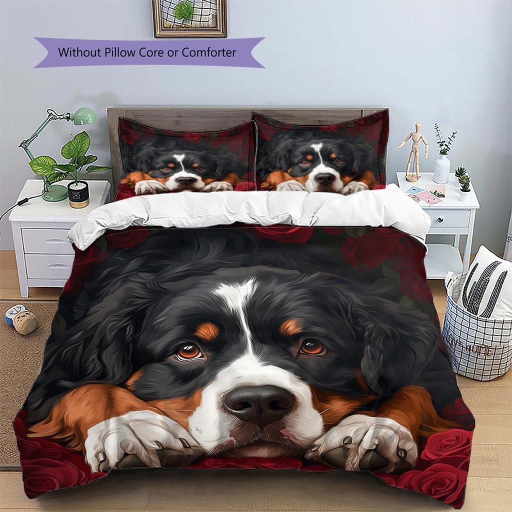 Bernese Mountain Dog and Rose Pattern Bedding Home Decoration Birthday Gift (1 * duvet cover + 2 * pillowcase, without core)