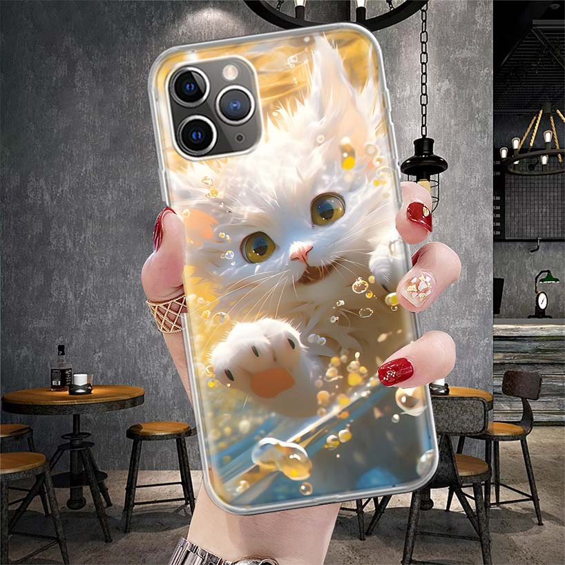 Cartoon Cute Cat Fish Aesthetic Soft Phone Case For IPhone 11 17 Air 16E 16 Pro Max 15 + 14 Plus 13 Mini 12 Apple 7 SE 8 Fundas