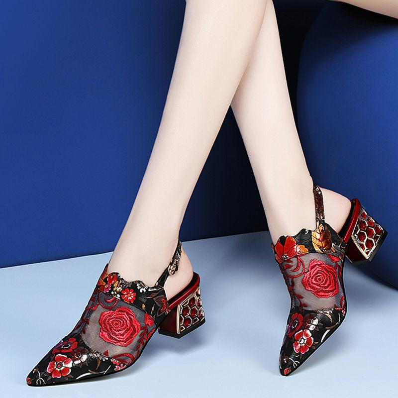 Modne Damskie Sandały na Wysokim Obcasie FHC, Letnie Buty z Siateczki, Damskie Szpilki, Szpiczasty Nosek, Pasek z Klamrą na Kostkę, Kwiatowe Hafty Etniczne, Ręcznie Robione