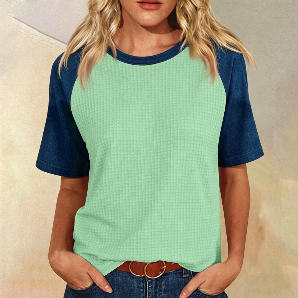 Women’s Casual Vintage Lightweight Plus Size Waffle Knit Raglan Crewneck Top Loose Fit Short Sleeve Pullover Shirt