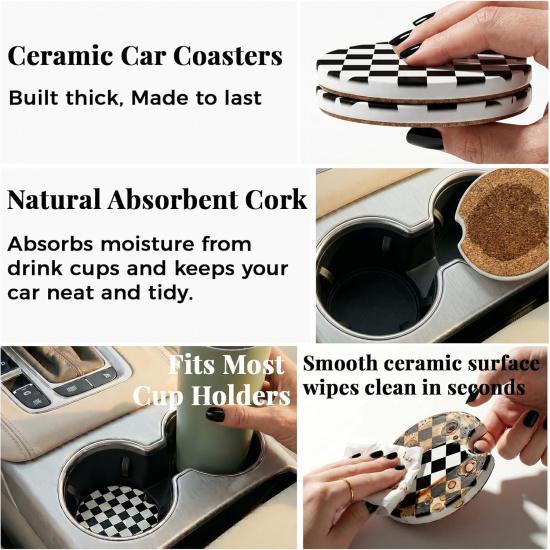 Checkered Car Coasters, Universal Fit Ceramic Car Cup Holder Coaster, 2Pcs | Absorbent Removable Cup Holder Coasters, Cute Girly Car Accessories for