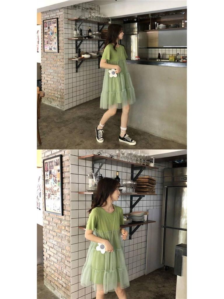 Summer 2023 Korean-Style Maternity Patchwork Dress – Loose Fit, Fresh, Sweet, and Fairy-Themed with Short Sleeves.