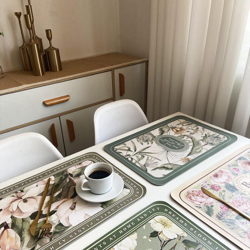 Floral PU Leather Placemat Waterproof Heat-Resistant Dining Table Mat Oil-Proof Decorative Table Pad for Home & Kitchen