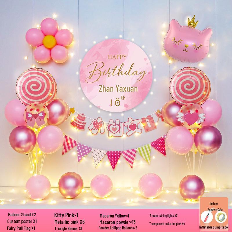 Happy Birthday Balloons for 7-8-Year-Old Girls - Home Party Decoration and Background Wall Decor