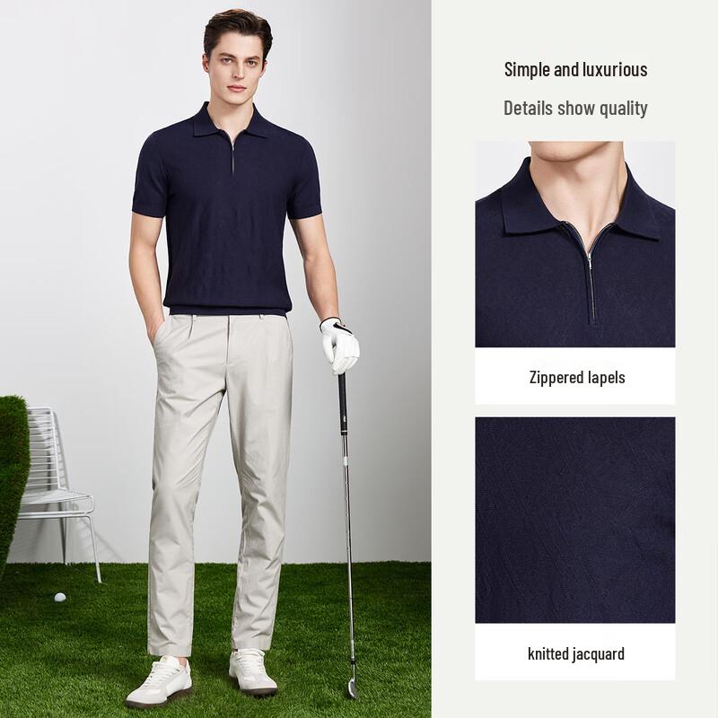 Antonio Men's Breathable Linen Blend Jacquard Zipper Polo Shirt