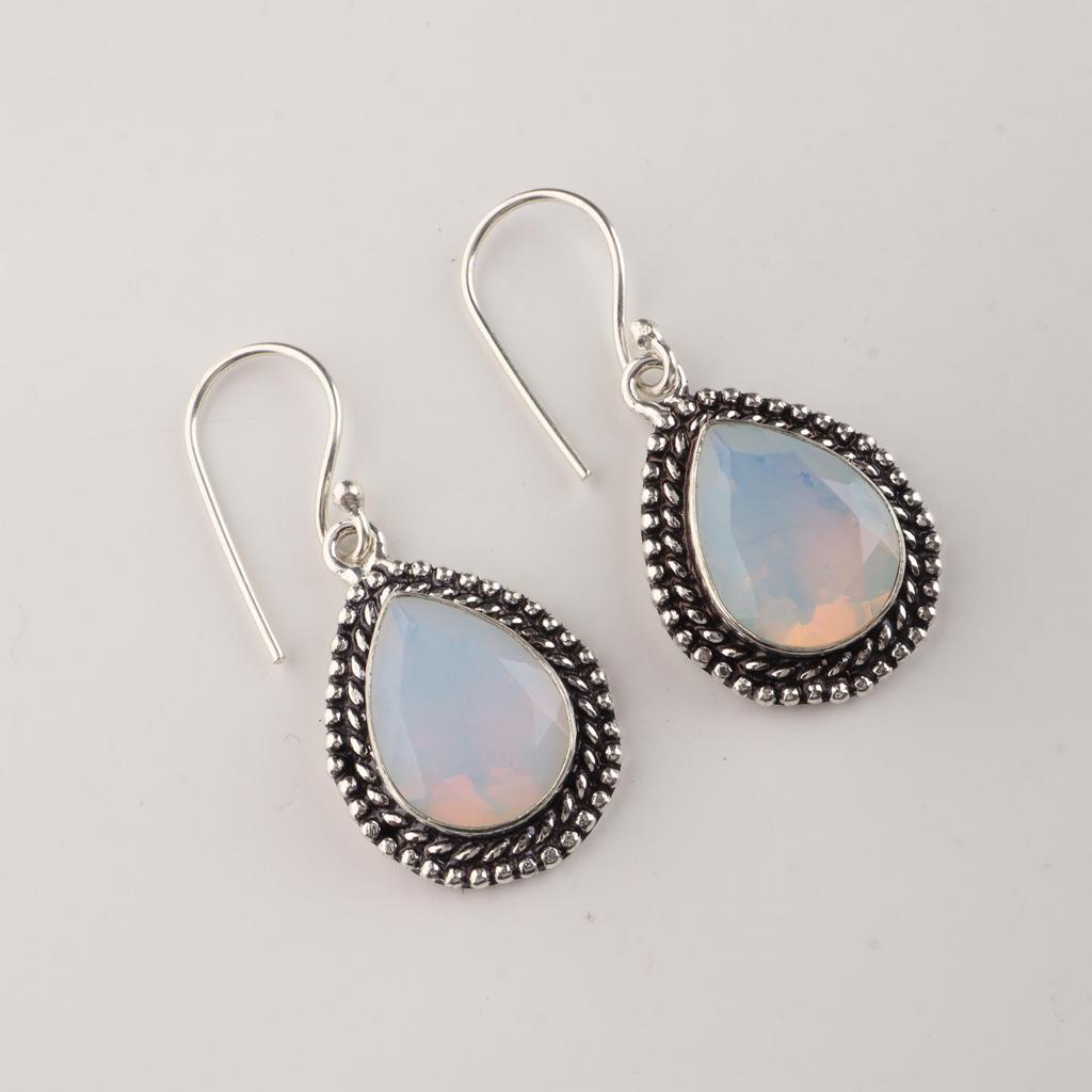 Milky Opal Gemstone 925 Sterling Silver Customize Dangle Earrings 1.3" White Stone Earrings, Handmade Jewelry AEE-1-19
