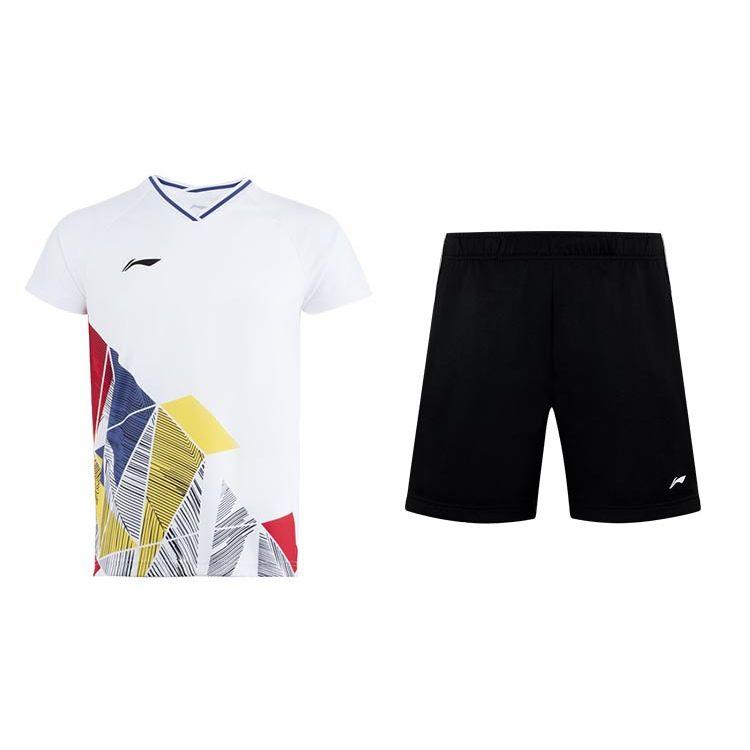 

Li-Ning Повседневная дышащая спортивная футболка с коротким рукавом, однотонный логотип, эластичный пояс, прямой спортивный костюм, мужские топы AAYR375-1+AAPR381-1 M