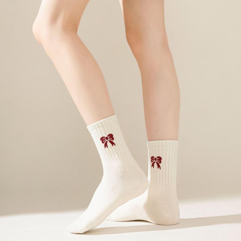 Autumn and Winter Socks for Women, Encore Red Bow Mid-calf Socks, Striped Versatile Cotton Women's Socks, Zhuji Socks