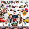 38Pcs Cartoon Birthday Party Supplies, Cartoon Decorations Set - Cartoon Birthday Decorations Banner Tablecloth & Cars Balloons Cake Topper Etc