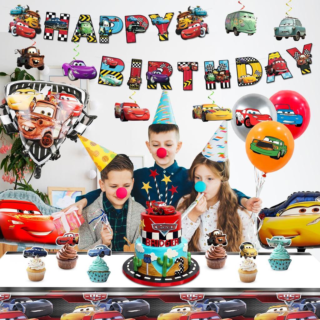 38Pcs Cartoon Birthday Party Supplies, Cartoon Decorations Set - Cartoon Birthday Decorations Banner Tablecloth & Cars Balloons Cake Topper Etc