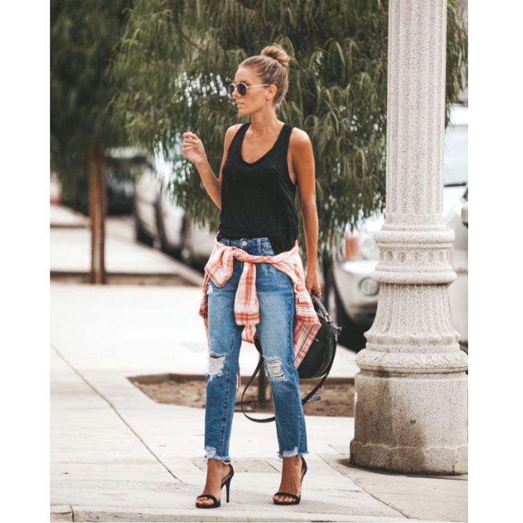 TUME Women's Elastic Retro Denim Trousers