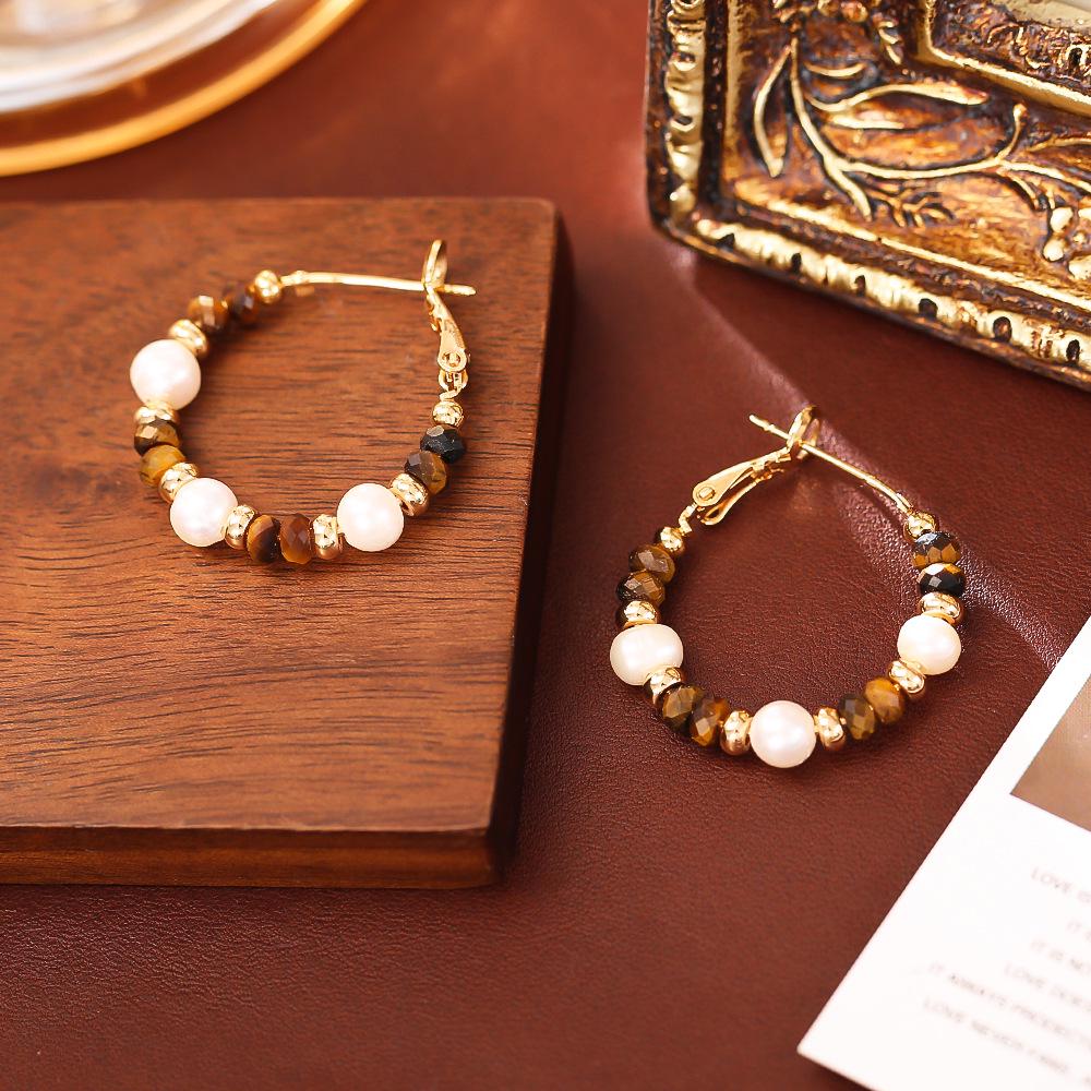 Natural Freshwater Pearl & Tiger Eye Retro Melaard Stud Earrings: High-End Niche Fashion