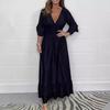 Lady Evening Dress V Neck Slim Waist Ruffle Cuffs Satin Pleated Layered Hem A-line Maxi Dress Long Sleeve Wedding Party Banquet Dress