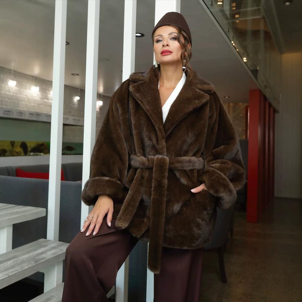 Russian women's clothing imitation mink fur belt plush jacket medium and long suit collar fur coat
