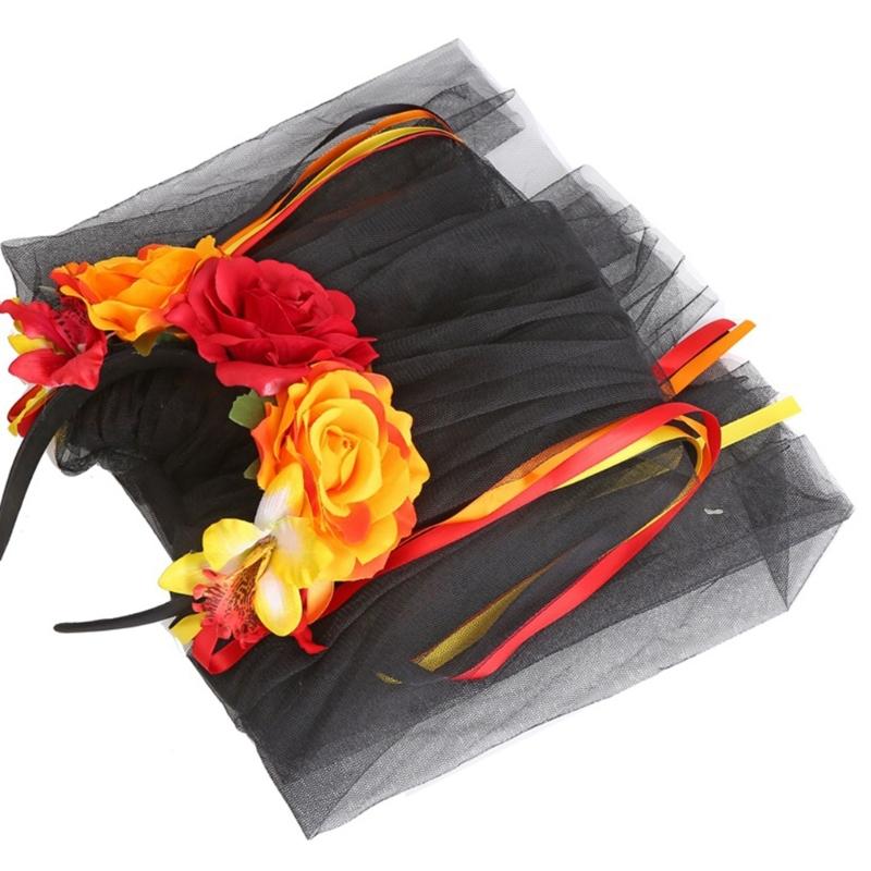 Gotisches Blumenhaarband mit Schleierband für Frauen Cosplay Party Kostüm Tag der Toten Kopfschmuck Feiertagsaccessoires
