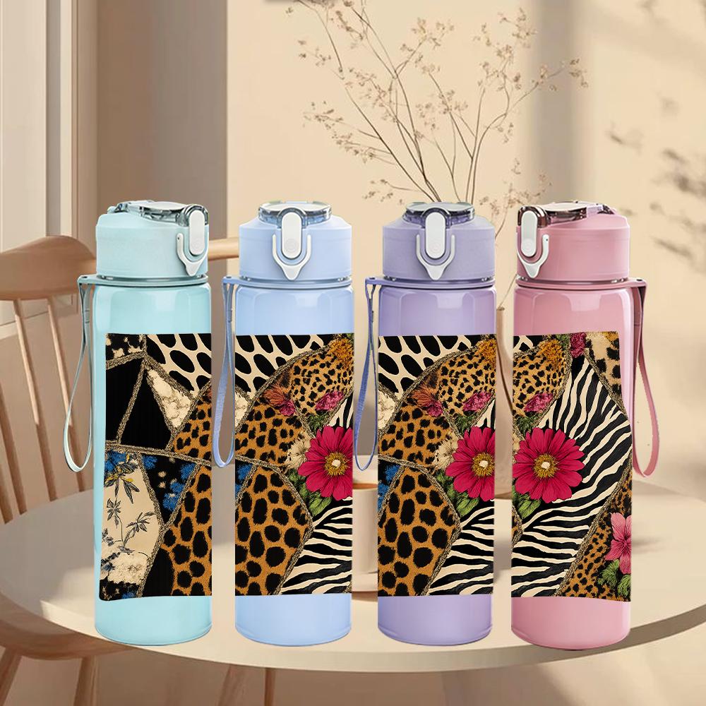 1 PZ Borraccia Sportiva in Plastica da 750 ml con Texture Animalier Floreale, Tappo Flip con Cannuccia Anti-Goccia per Sport, Ufficio, Uso Domestico